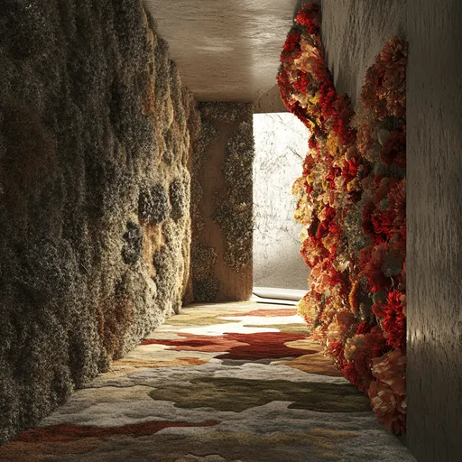 The space is covered by 3-dimensional carpets creating an unusual sensory experience.