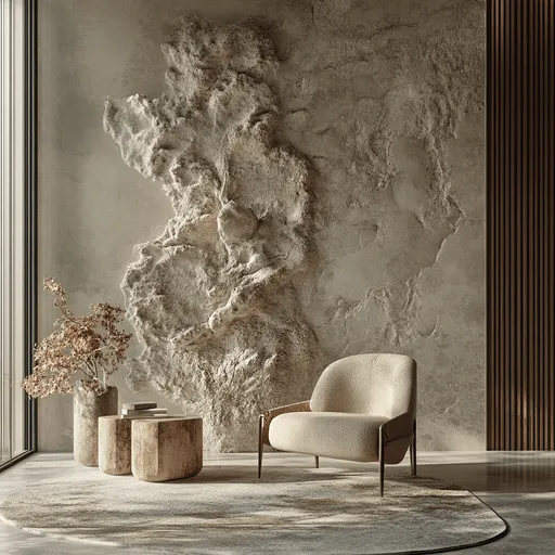 An interior space with a rock formation wall behind the armchair.